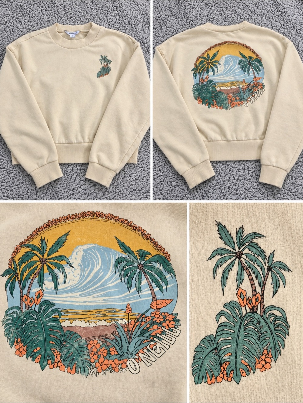 O'Neill Cream Crewneck crop sweatshirt with Palm Graphic